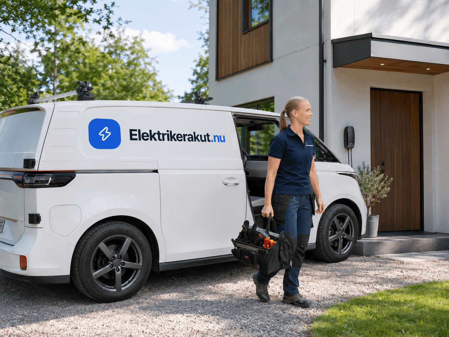 Elektriker vid servicebil utanför en villa