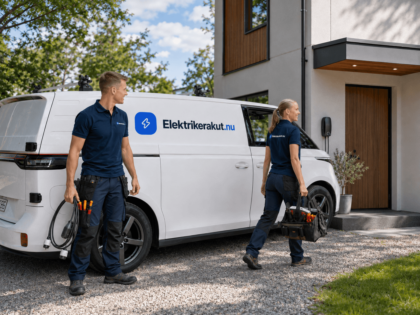 Elektriker i arbetskläder vid servicebil utanför en bostad