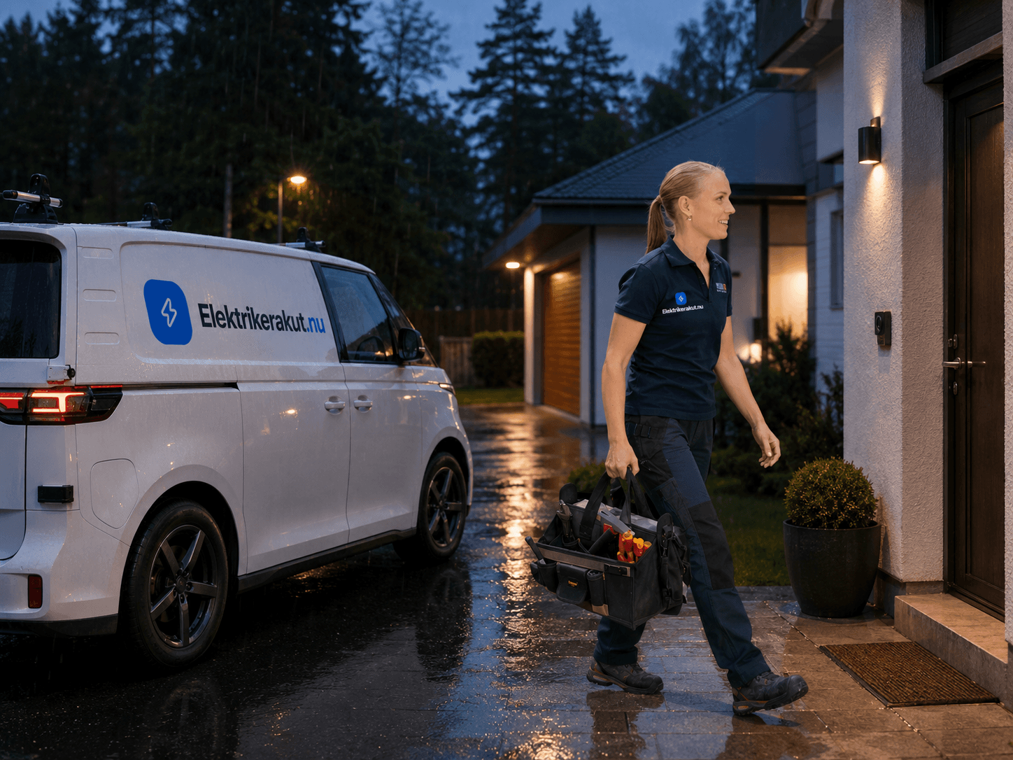 Elektriker i arbetskläder vid servicebil utanför en bostad